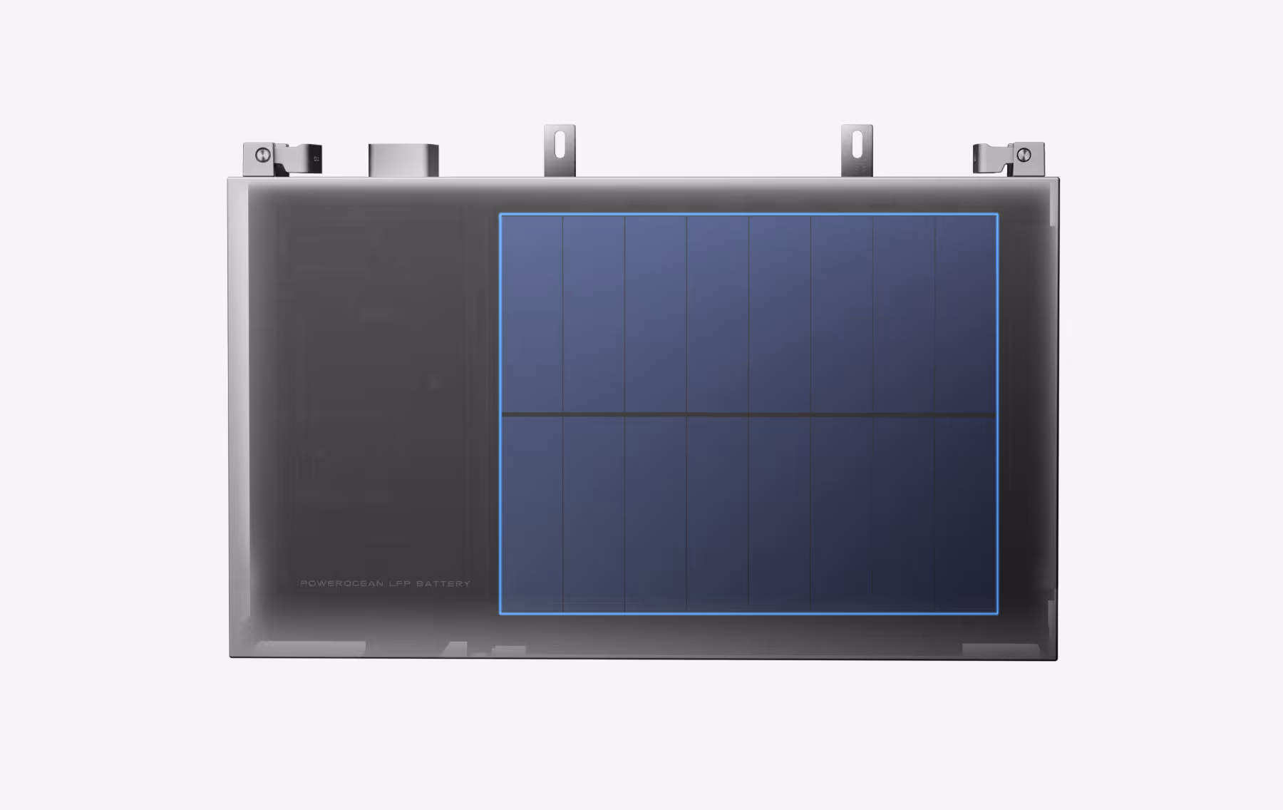Rectangular black and blue Powerocean lithium battery with metal mounting brackets on a white background.