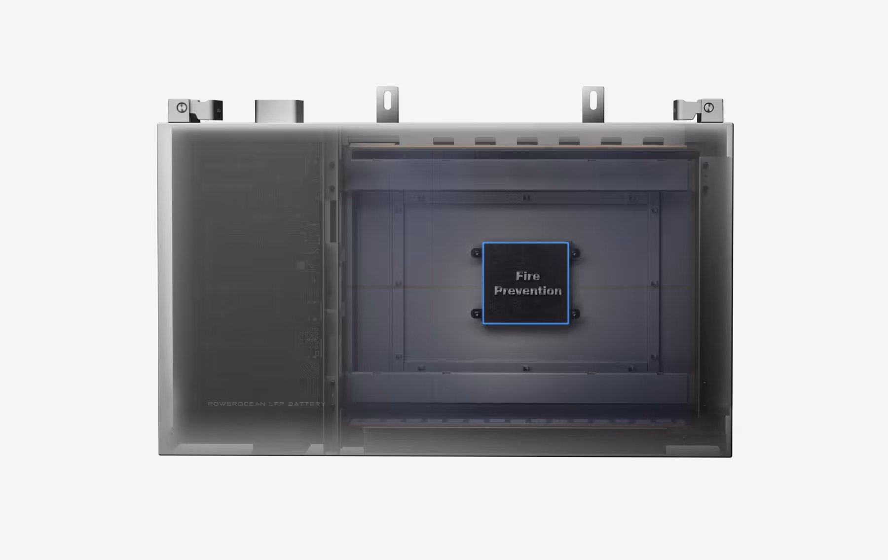 Transparent view of a gray electronic device showing a central fire prevention module inside.