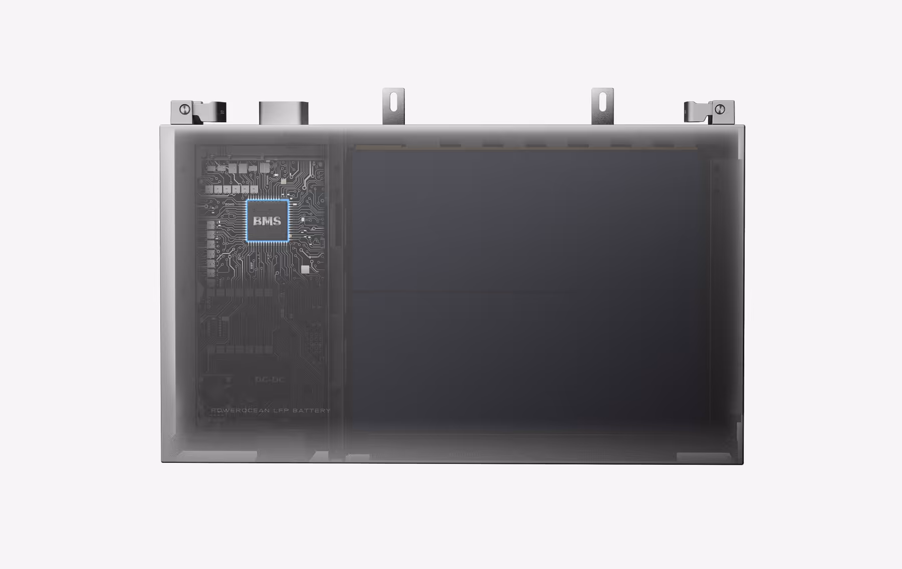 Rectangular battery pack with visible circuit board and BMS chip on the left side.