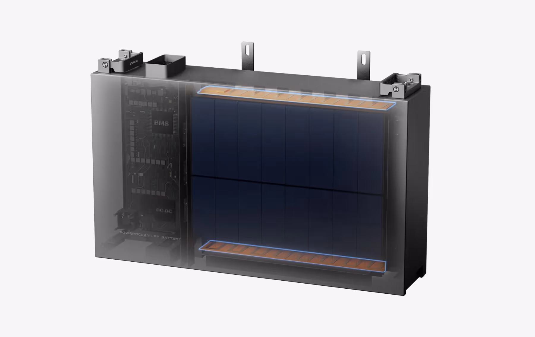 Rectangular electronic device with visible internal circuit board and battery cells inside a black casing.