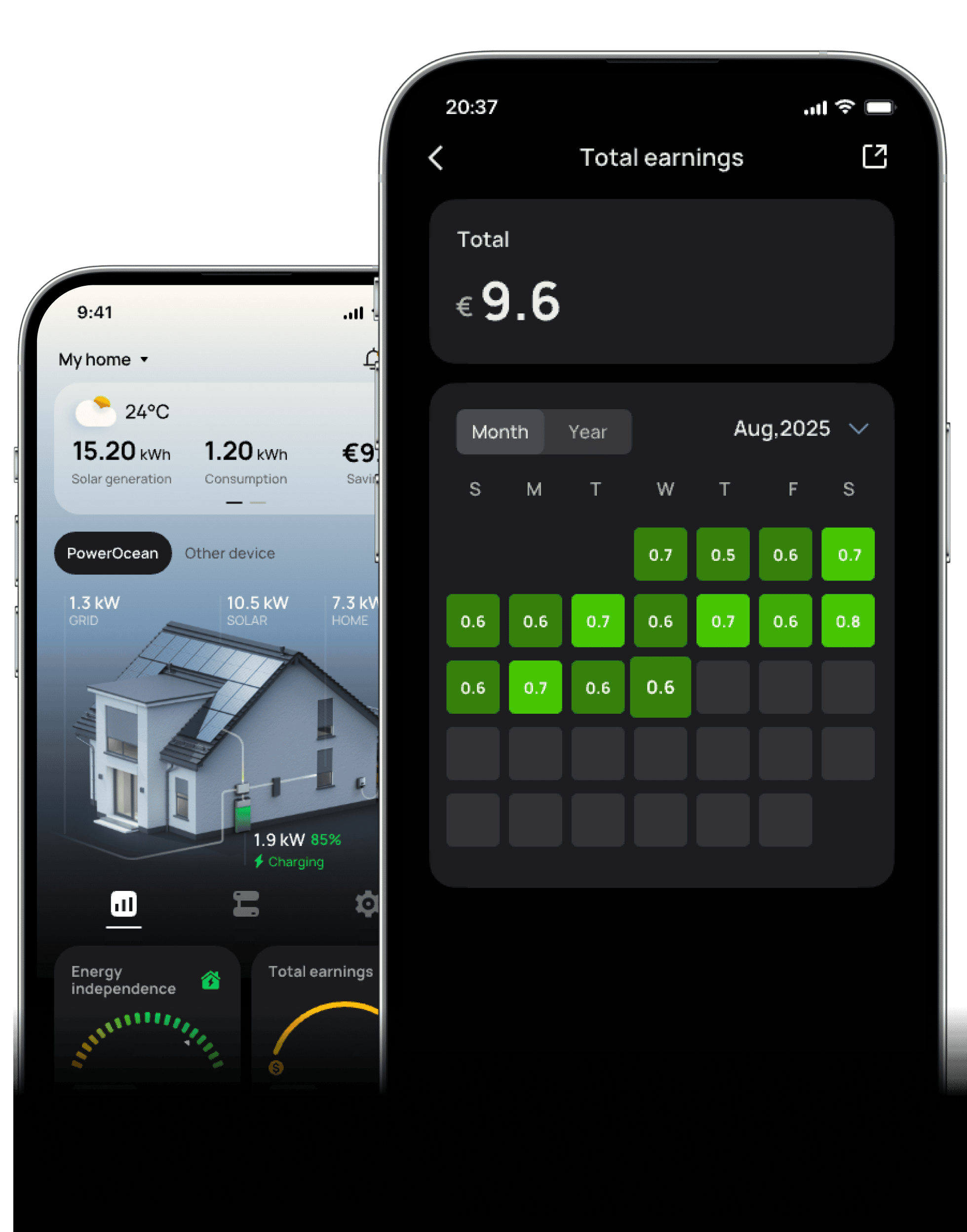 Two phones showing solar energy data and total earnings calendar for August 2025 with green daily values.