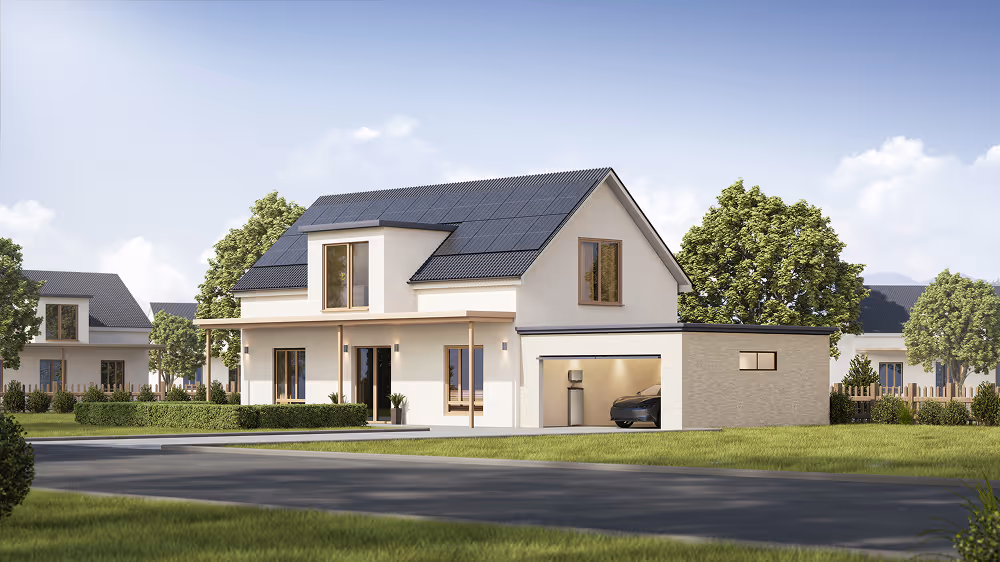 Modern two-story house with solar panels on roof, adjacent garage, surrounded by green lawn and trees.
