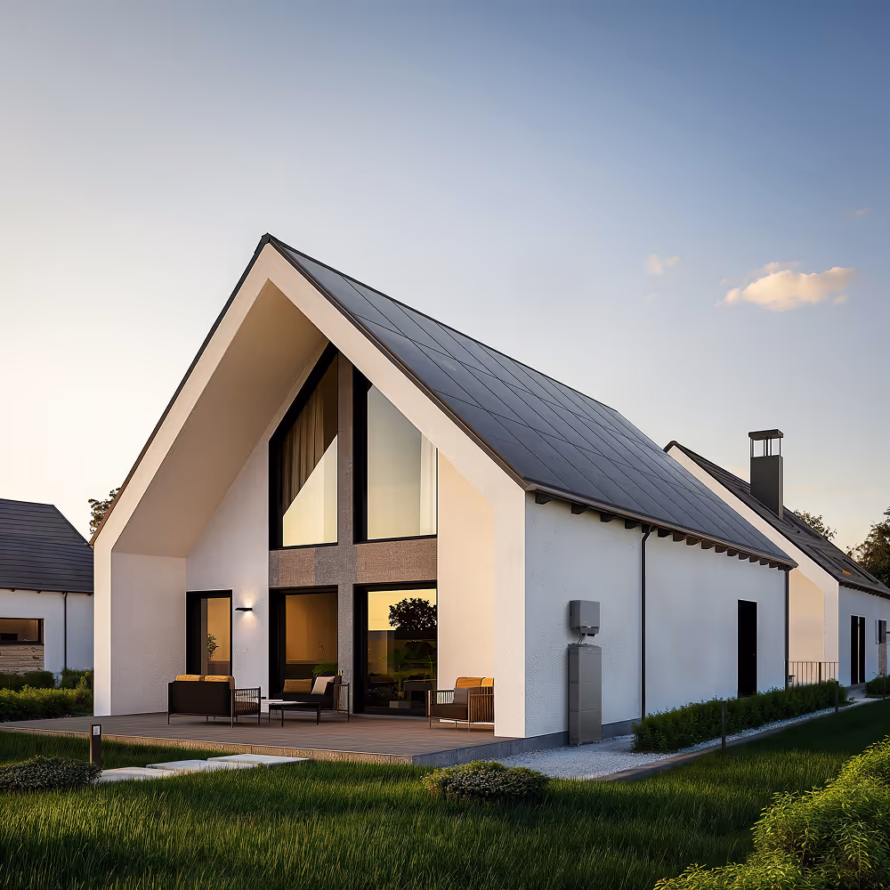 Modern white house with large triangular windows, solar panels on roof, and a patio with outdoor chairs.