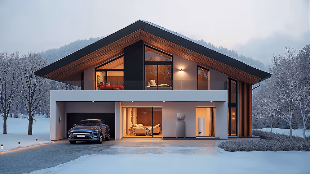 Modern two-story house with large glass windows, wooden roof panels, parked car, and snowy landscape.