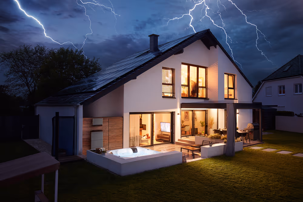 Modern lit house at night with large windows and lightning striking in dark stormy sky.