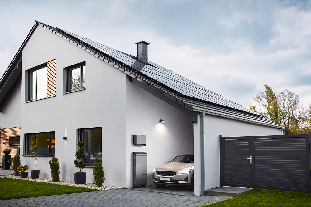 Modern white house with solar panels on roof and a car parked in its garage under cloudy sky.