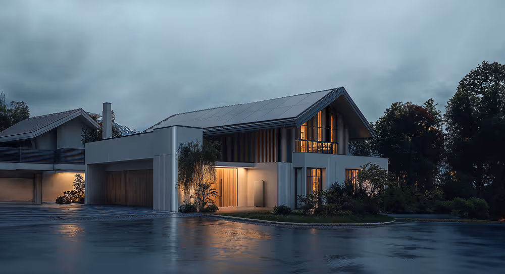 Modern two-story house with large windows and warm interior lights on a rainy evening.