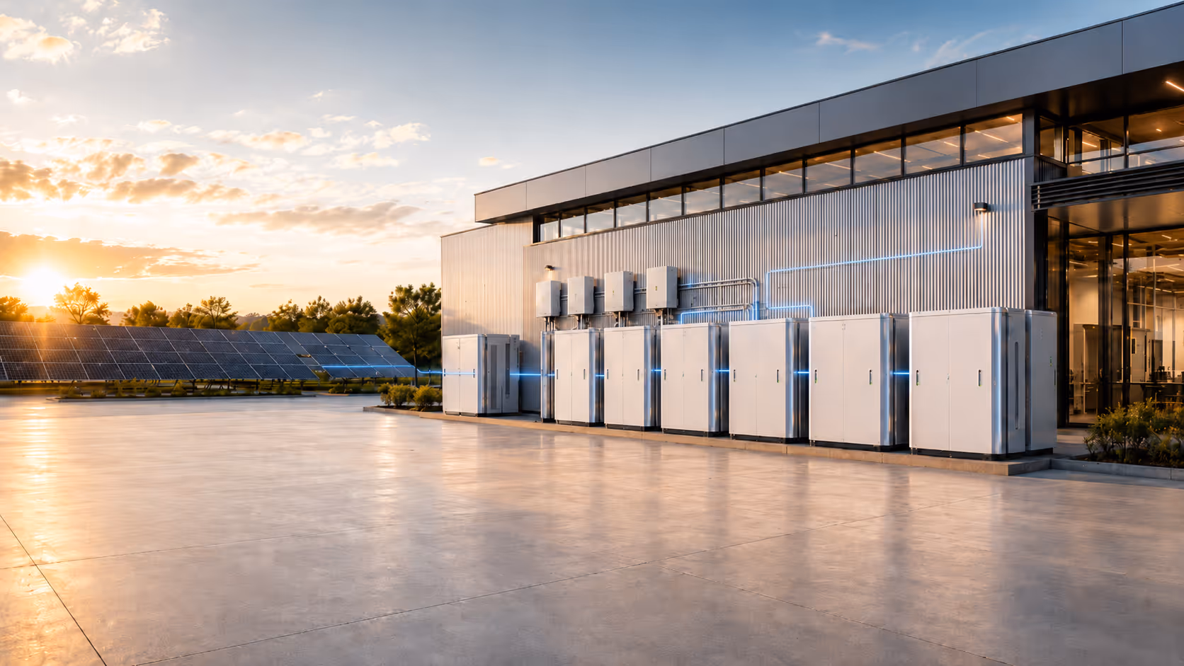 Solar panels connected to battery storage units outside a modern building at sunset.