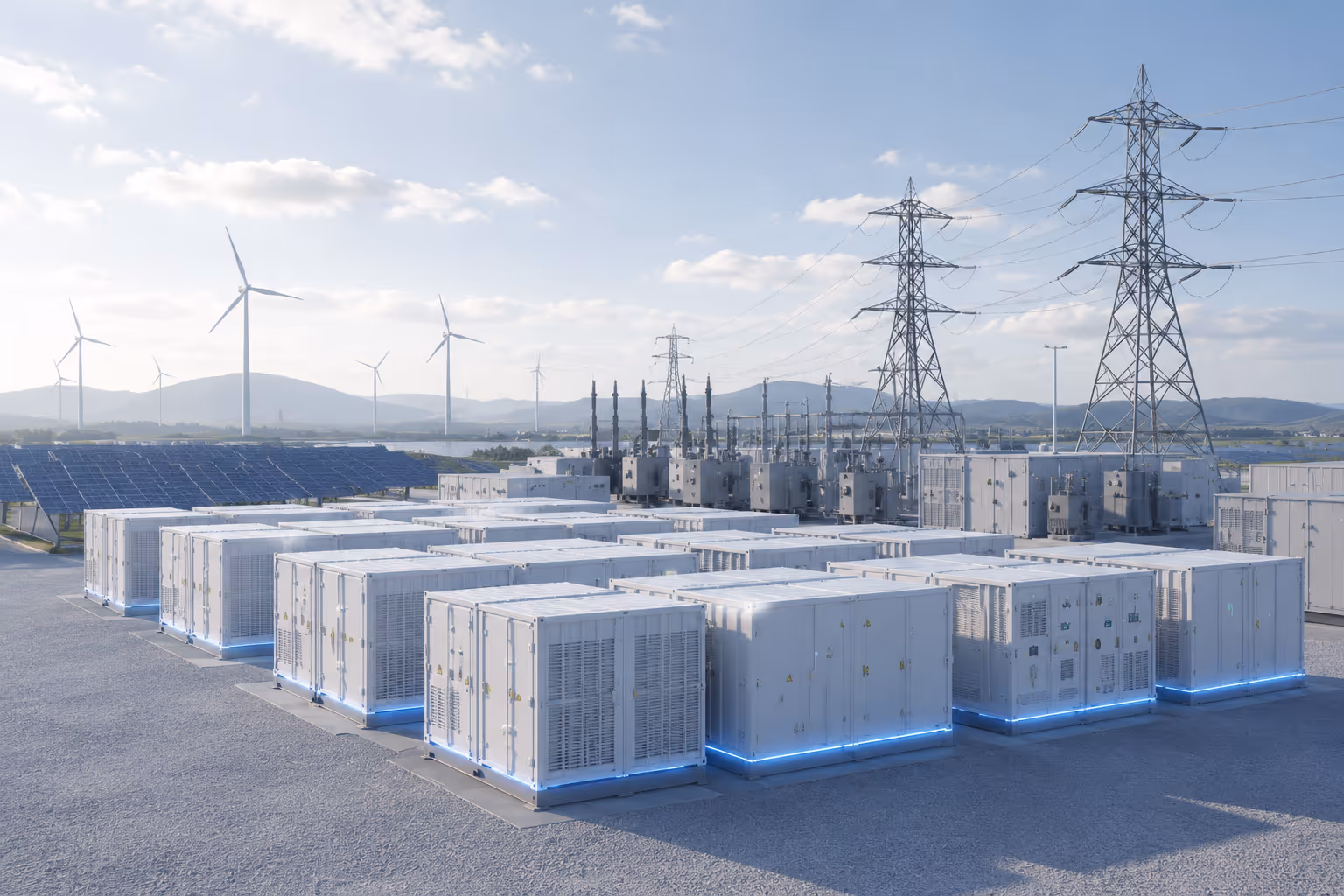 Electrical energy storage units with wind turbines, solar panels, and power lines in a utility grid setting.