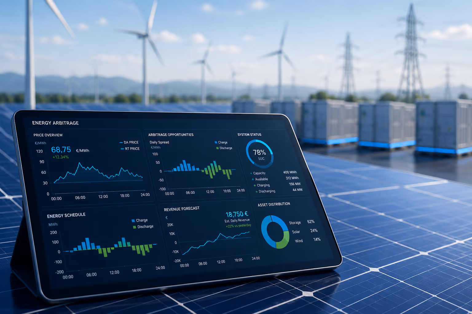 Tablet shows energy data charts and stats on solar panels with wind turbines and power stations in background.