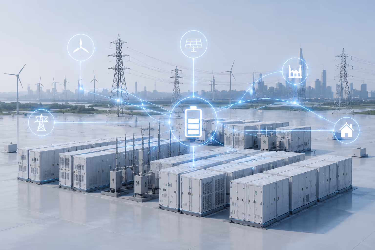 Array of battery storage units connected to icons of wind, solar, power lines, factory, and home.