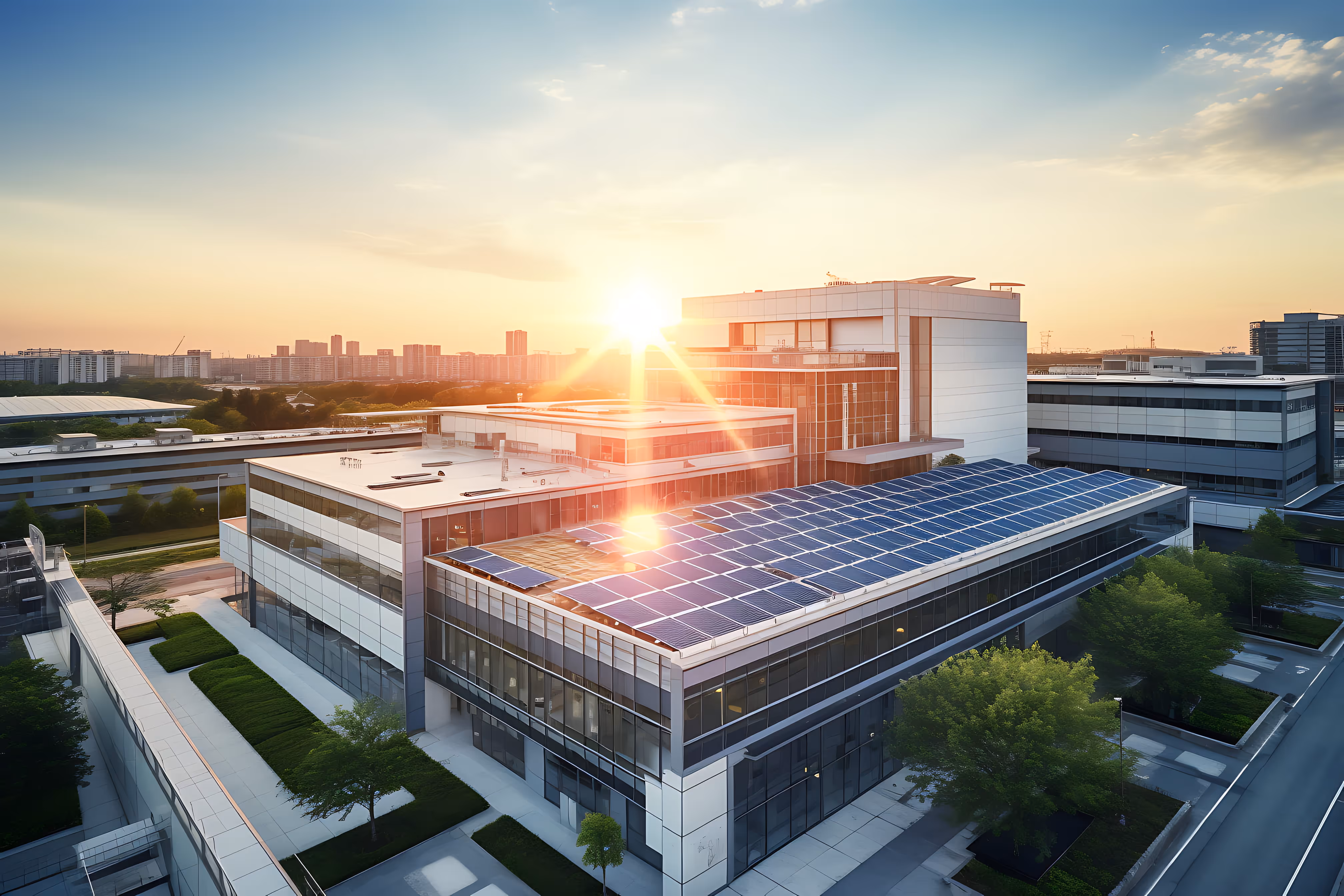 Modern office building with solar panels on roof at sunset in urban setting with trees and walkways.