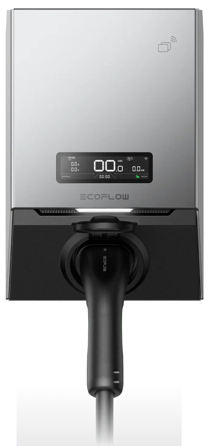 EcoFlow electric vehicle charging station with digital display and connected charging cable.
