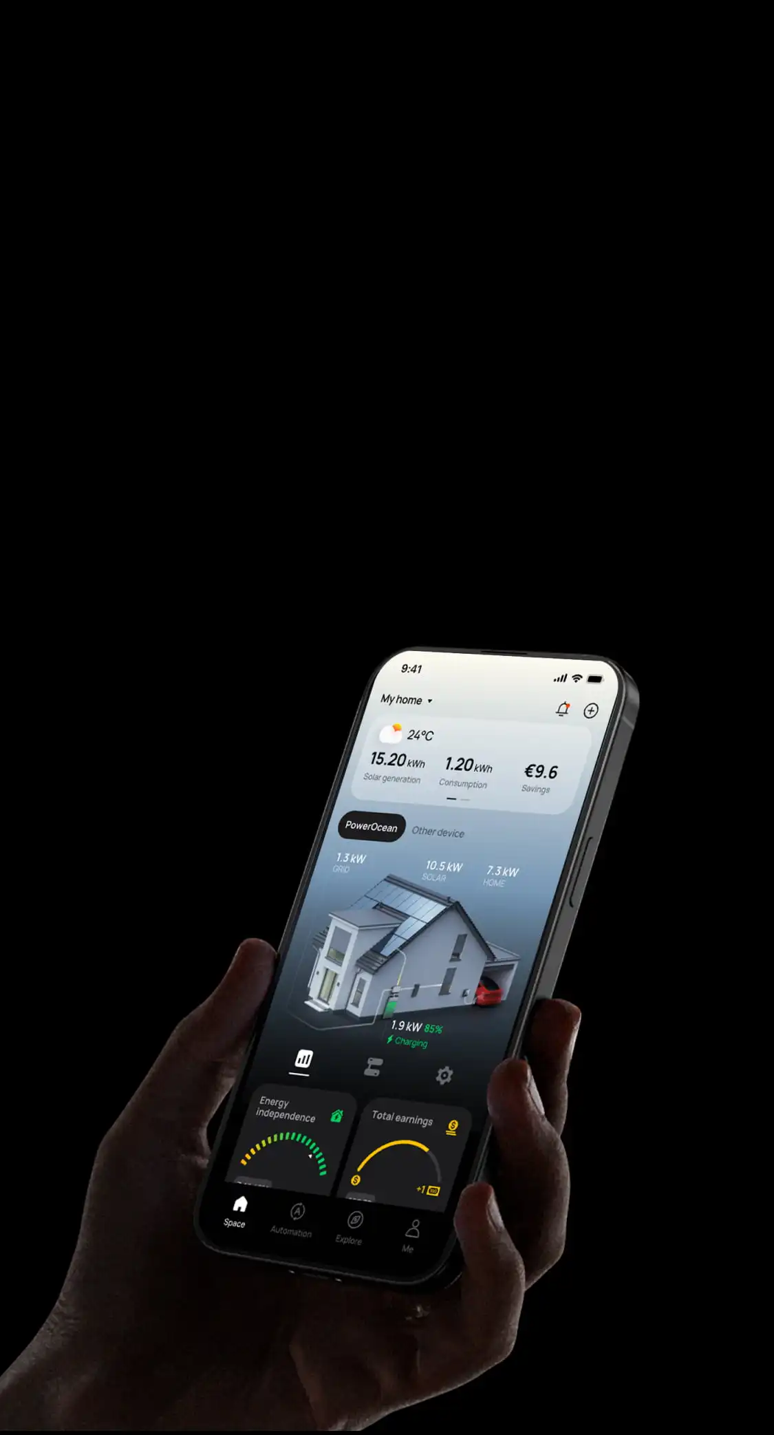 Hand holding phone showing home energy app with solar generation, consumption, savings, and charging status.