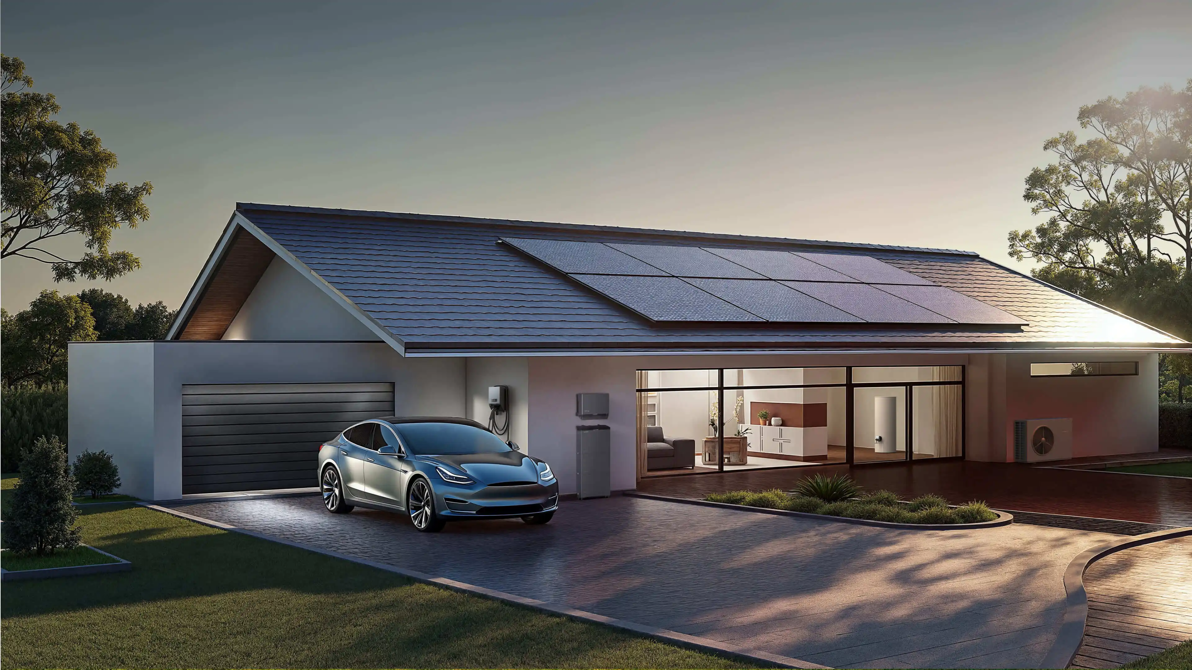Modern house with solar panels on roof, electric car parked outside, and large glass windows.
