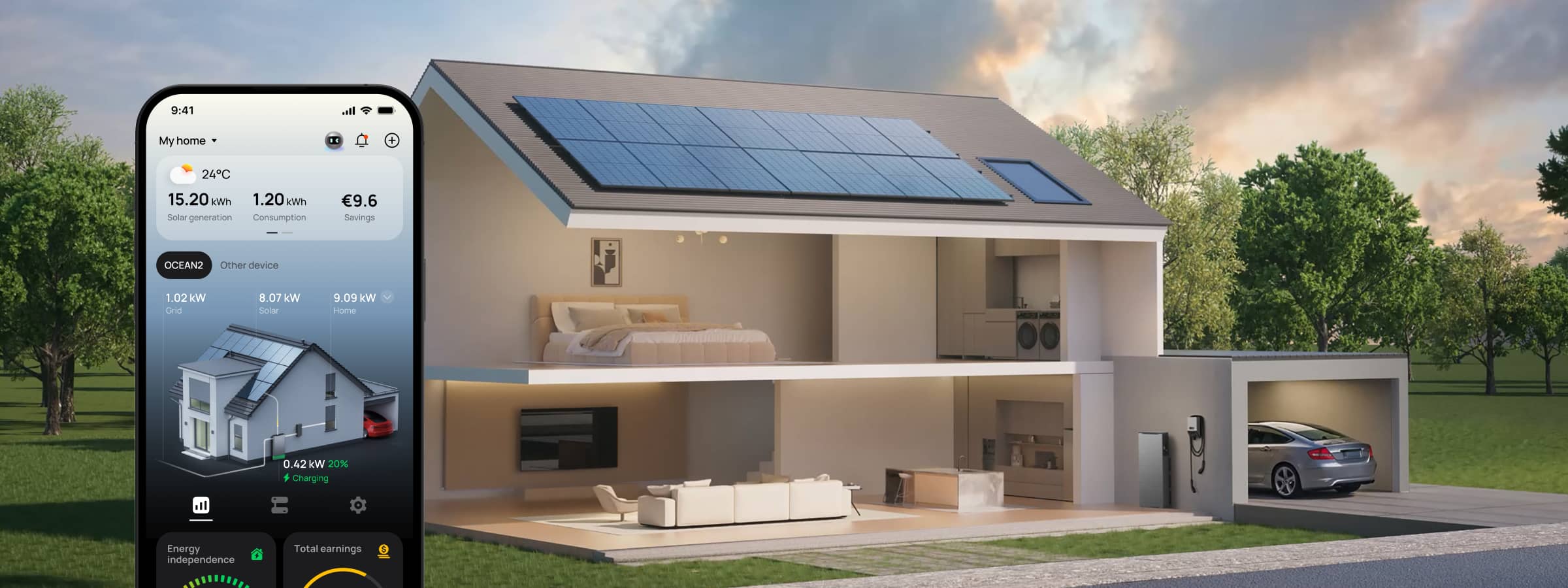 Presek kuće sa solarnim panelima i aplikacijom koja prikazuje uštedu