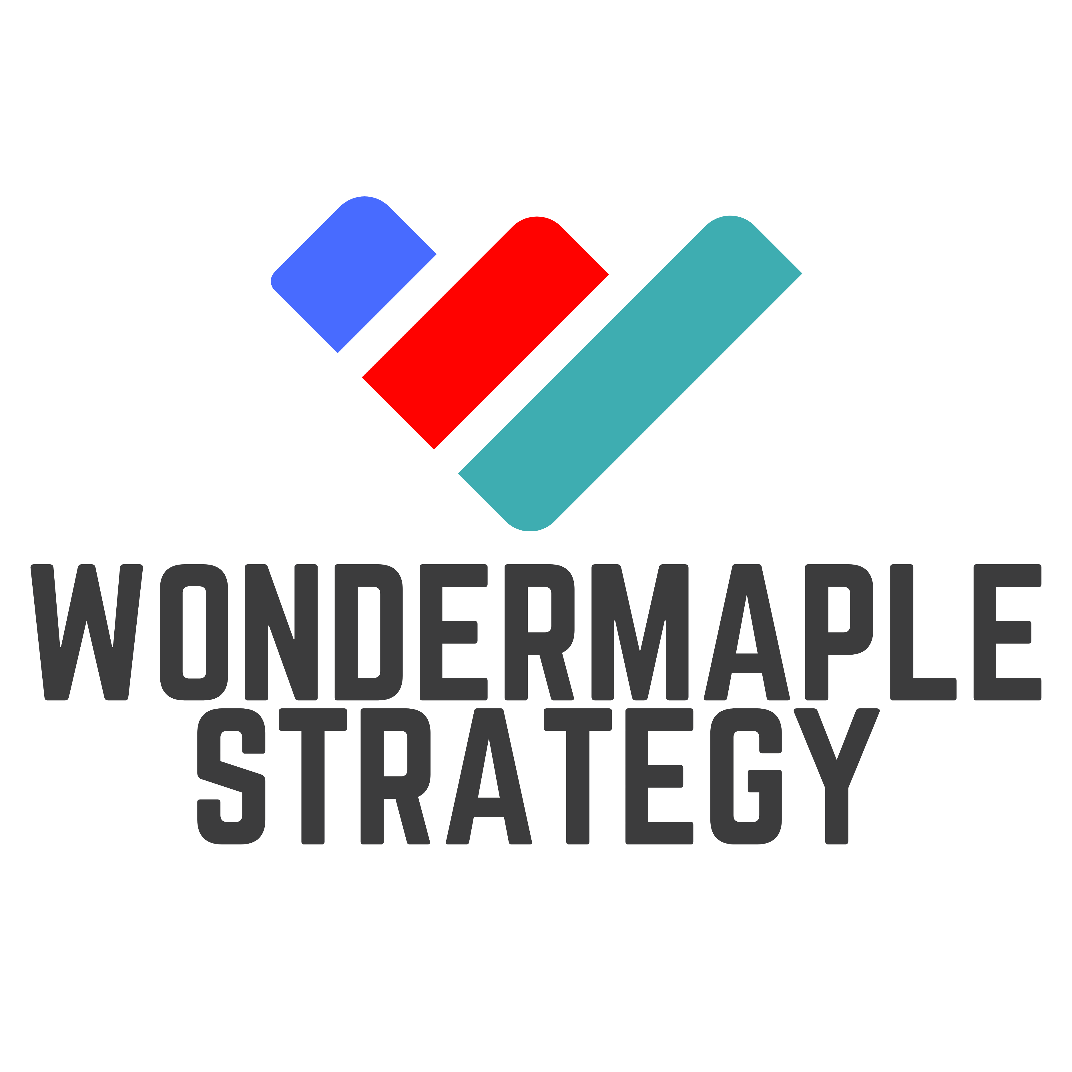 WonderMaple Strategy logo with three colored bars in blue, red, and teal forming a checkmark shape above the text.