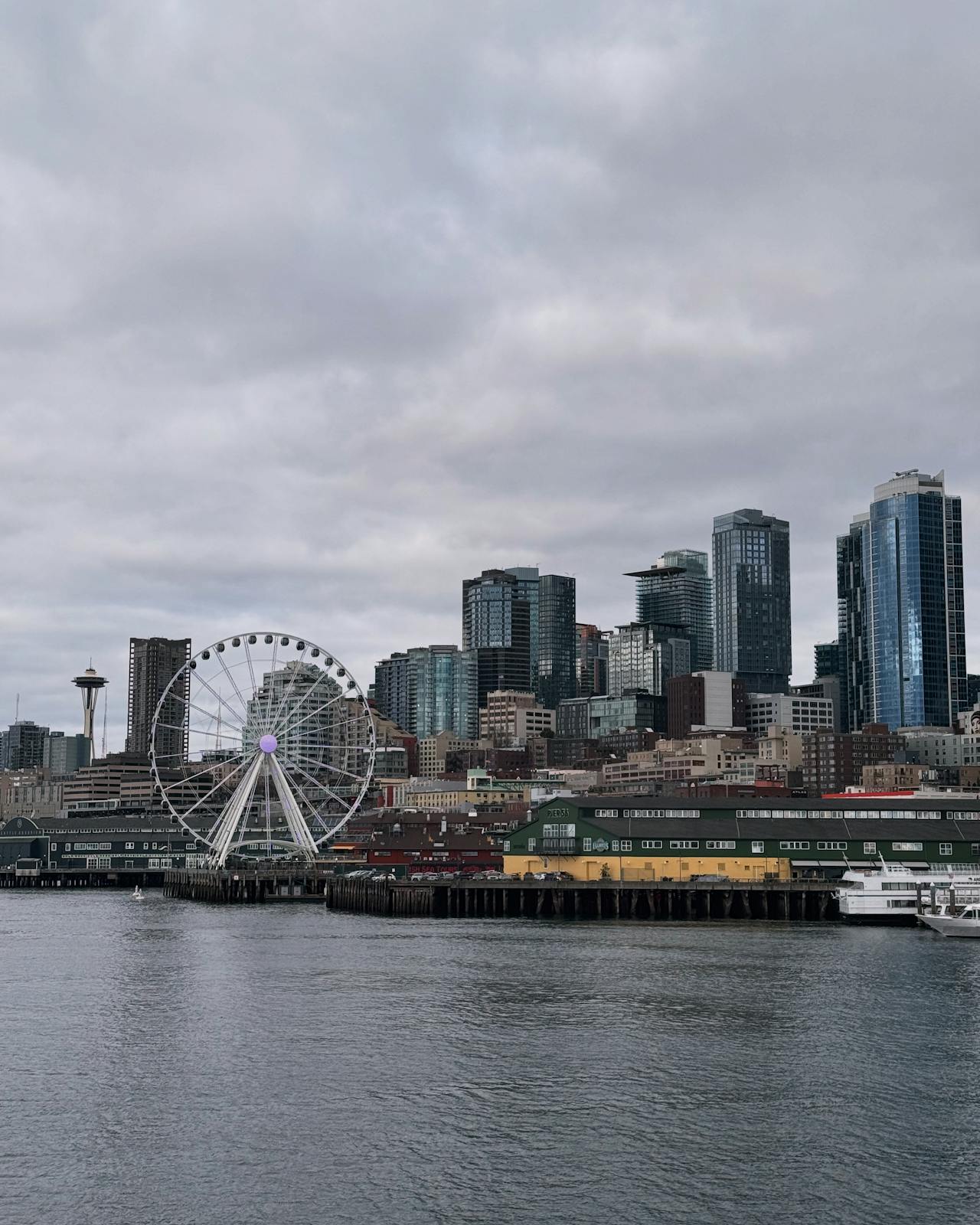 Seattle waterfront with the Seattle Great Wheel, piers, and city skyline under a cloudy sky.