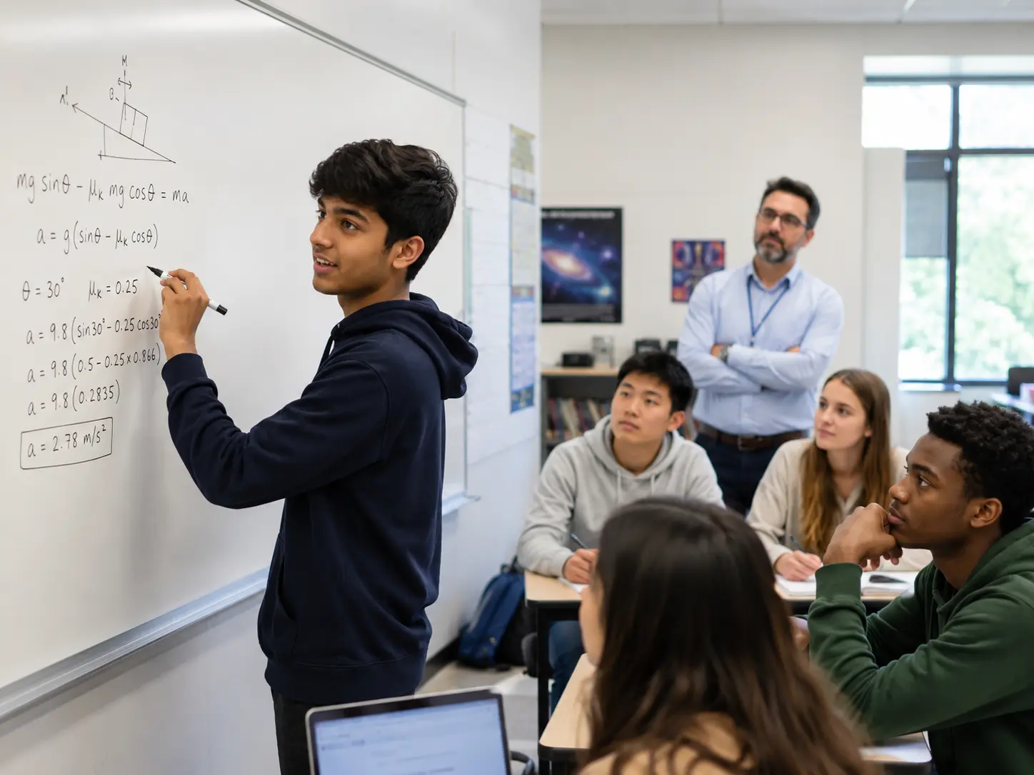 Student solving physics equations on whiteboard as classmates and teacher watch attentively in classroom.