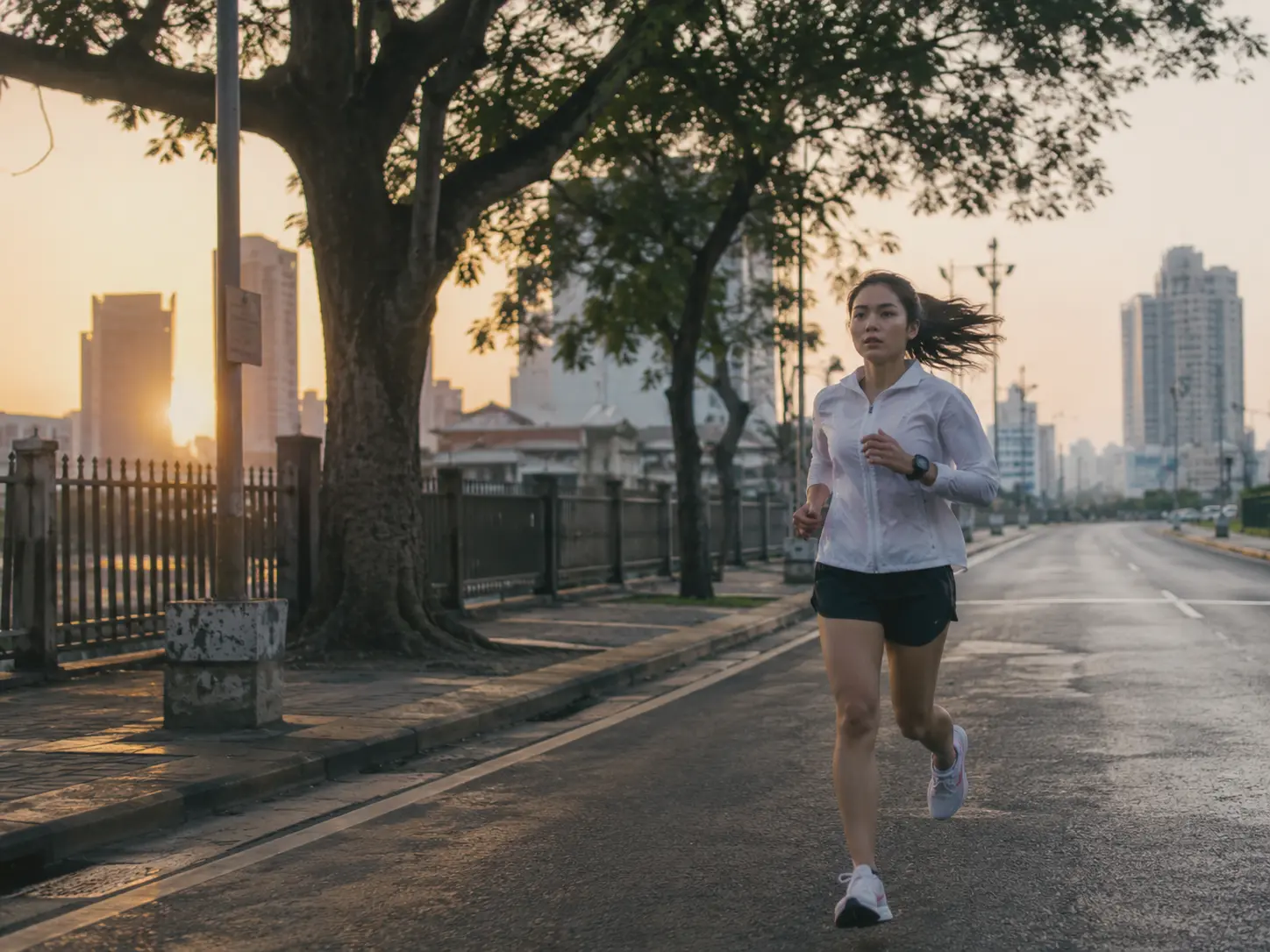 Woman jogging on an empty city street at sunrise, wearing a white jacket and black shorts.