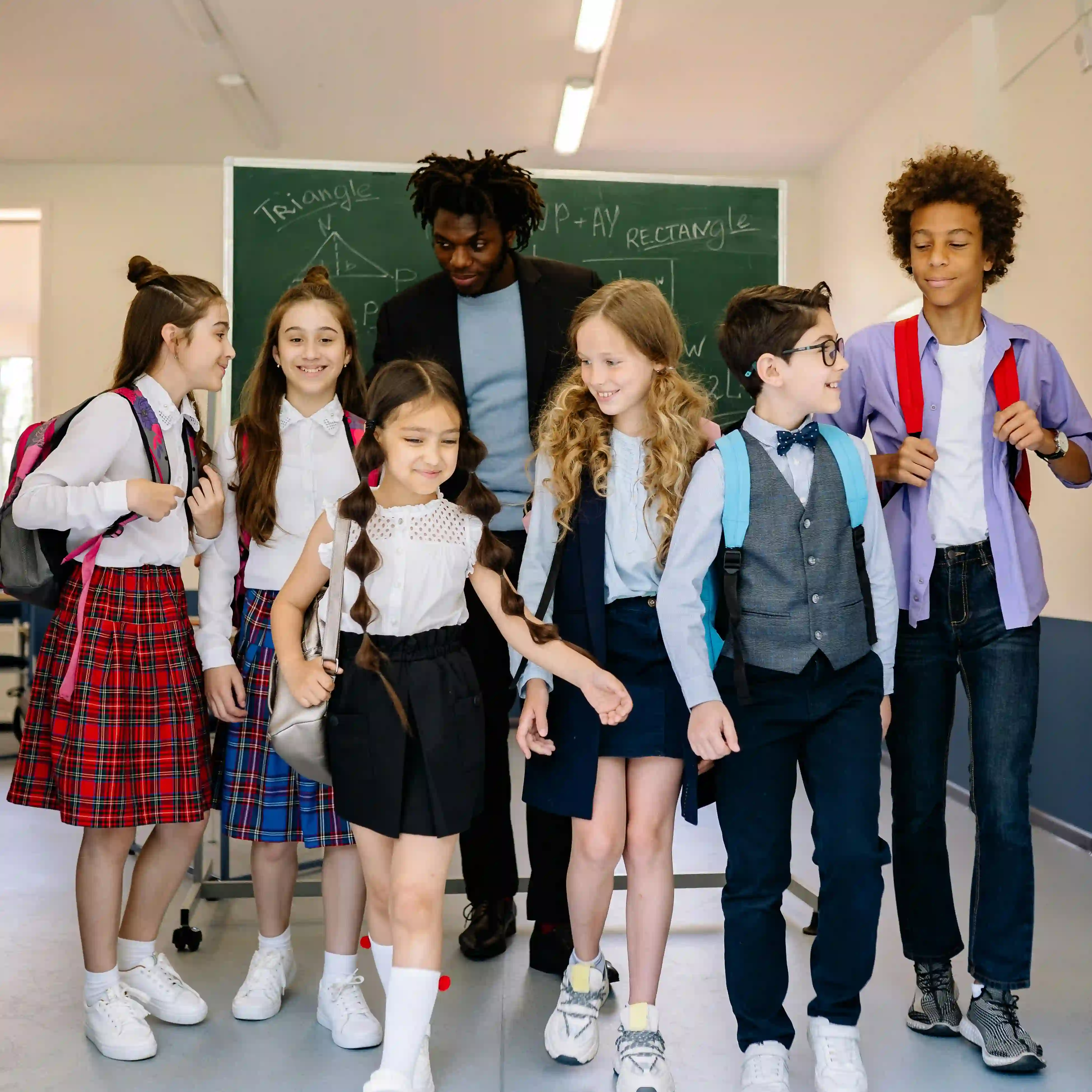 Group of diverse schoolchildren walking together in a classroom with a teacher and a chalkboard featuring geometry drawings.