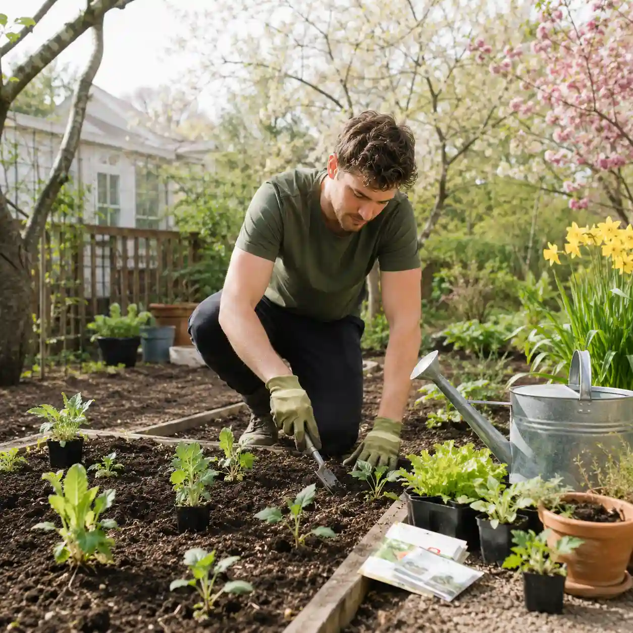 Man wearing gloves planting seedlings in garden soil with watering can and plants nearby.