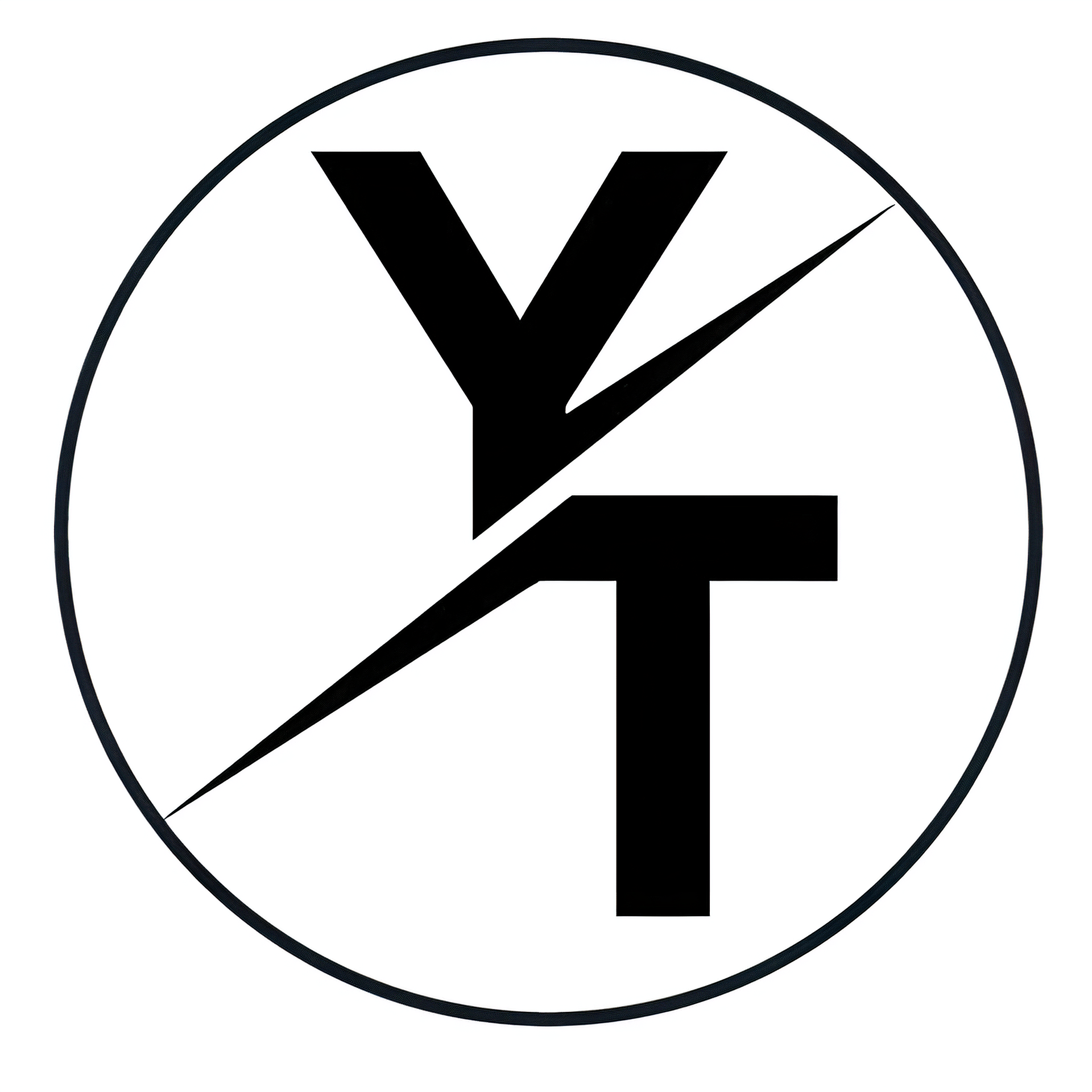 Black Y and T letters separated diagonally inside a black circle on white background.