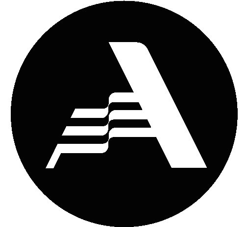 Black stylized letter A with horizontal stripes on a dark circular background.
