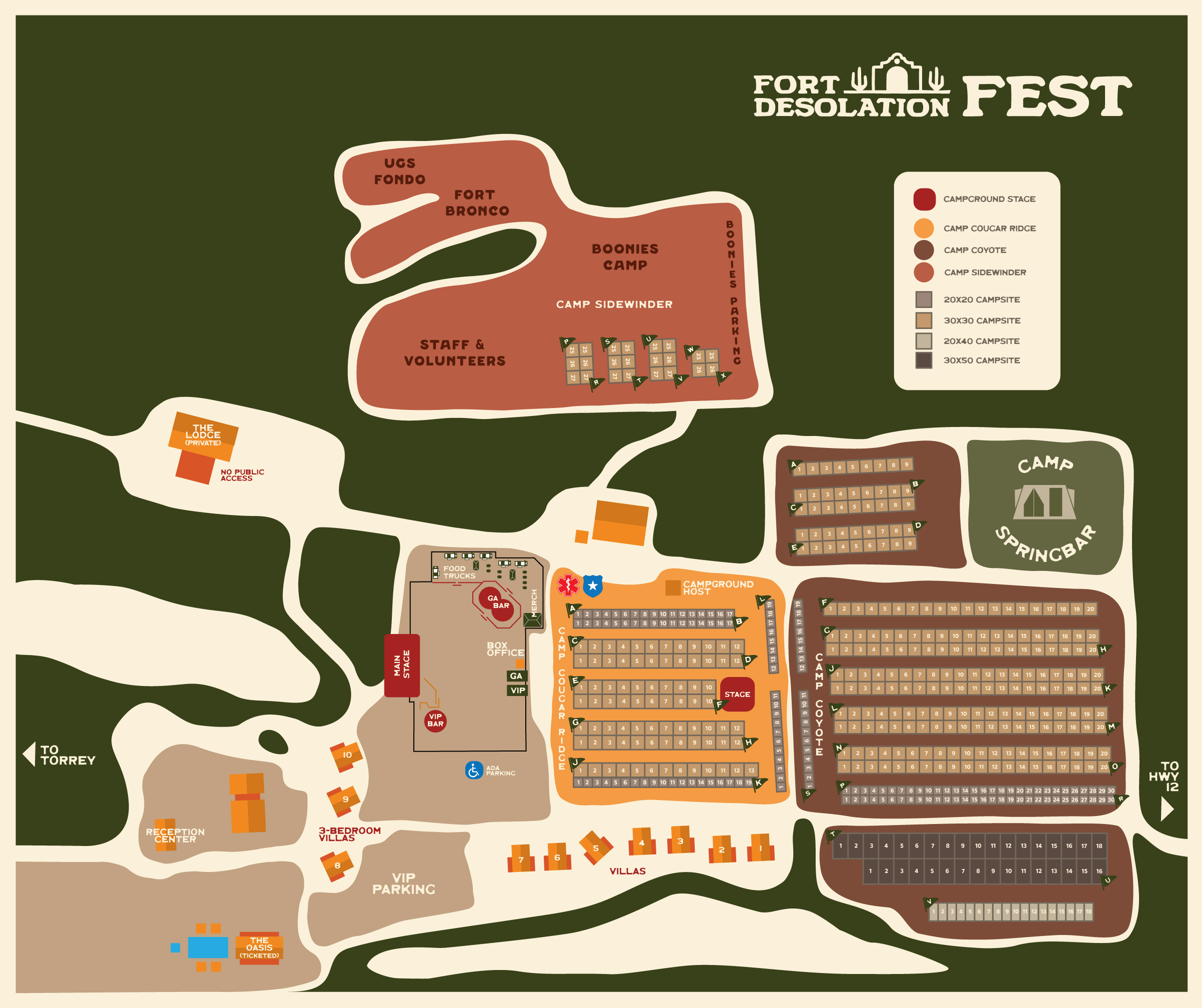 Map of Fort Desolation Fest showing main stage, VIP area, food trucks, reception center, ticketed oasis, campsite areas labeled Camp Cougar Ridge and Camp Coyote, villas, accessible parking, and directions to Torrey and Highway 12.