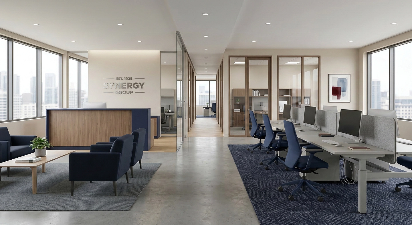 Modern office interior with a reception desk on the left, seating area with blue chairs and wooden table, and a row of workstations with blue office chairs on the right.