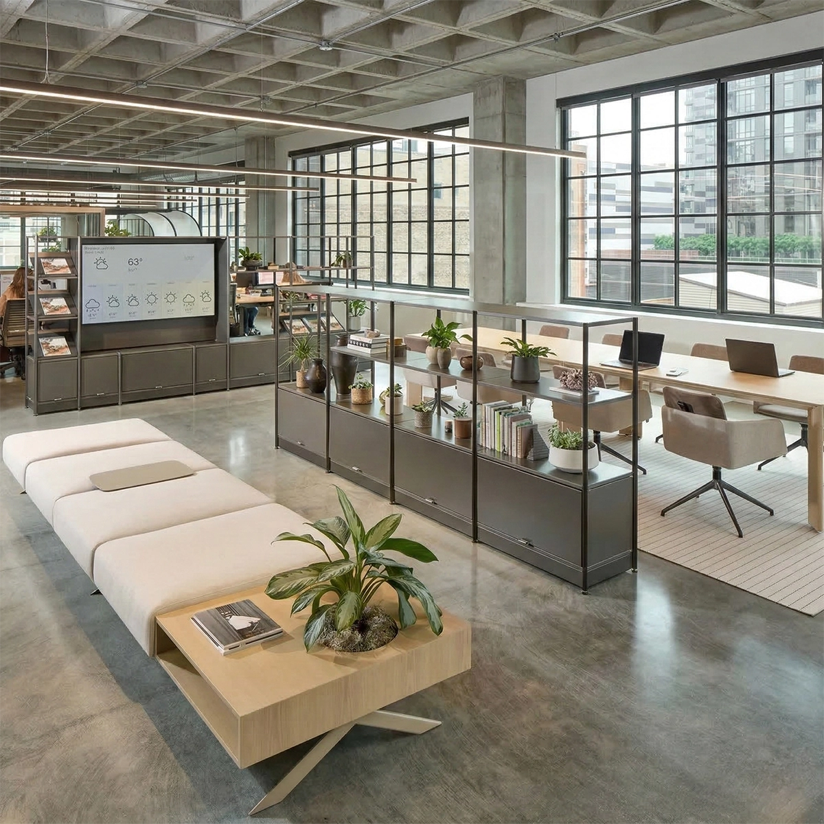 Modern open office space with large windows, long wooden desks with laptops, grey chairs, and minimalist shelving holding plants and books.