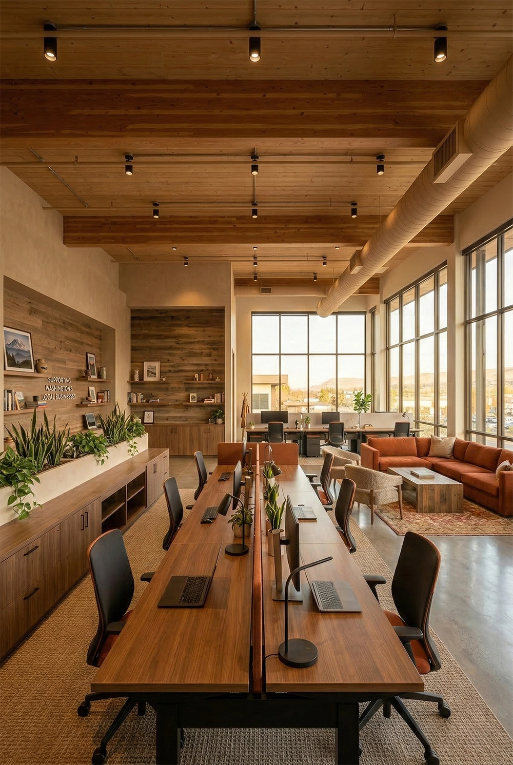 Modern office workspace with wooden desks, black chairs, laptops, plants, large windows, and a cozy seating area with orange sofas.