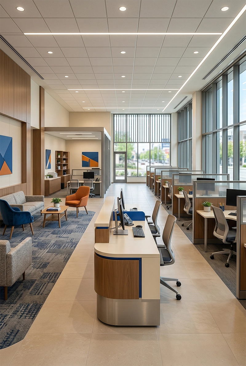 Modern bank interior with a reception desk featuring computer monitors, rows of semi-private workstations, and a seating area with armchairs and a couch.