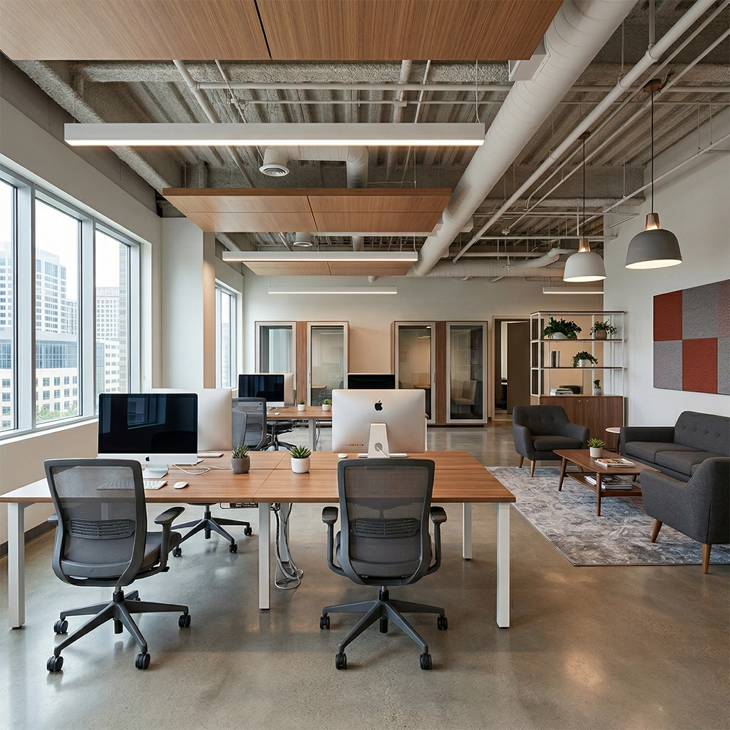 Modern co-working office space with wooden desks, computers, ergonomic chairs, large windows, and a lounge area with gray sofas and plants.