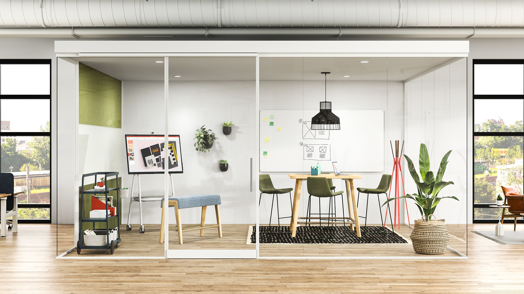 Steelcase meeting space with glass walls, collaborative table, whiteboard, and flexible seating in a modern office environment