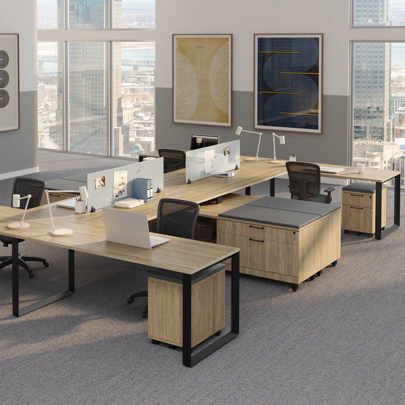 Modern office workspace by N9NE with wooden desks, black office chairs, desk lamps, and large windows overlooking a cityscape.