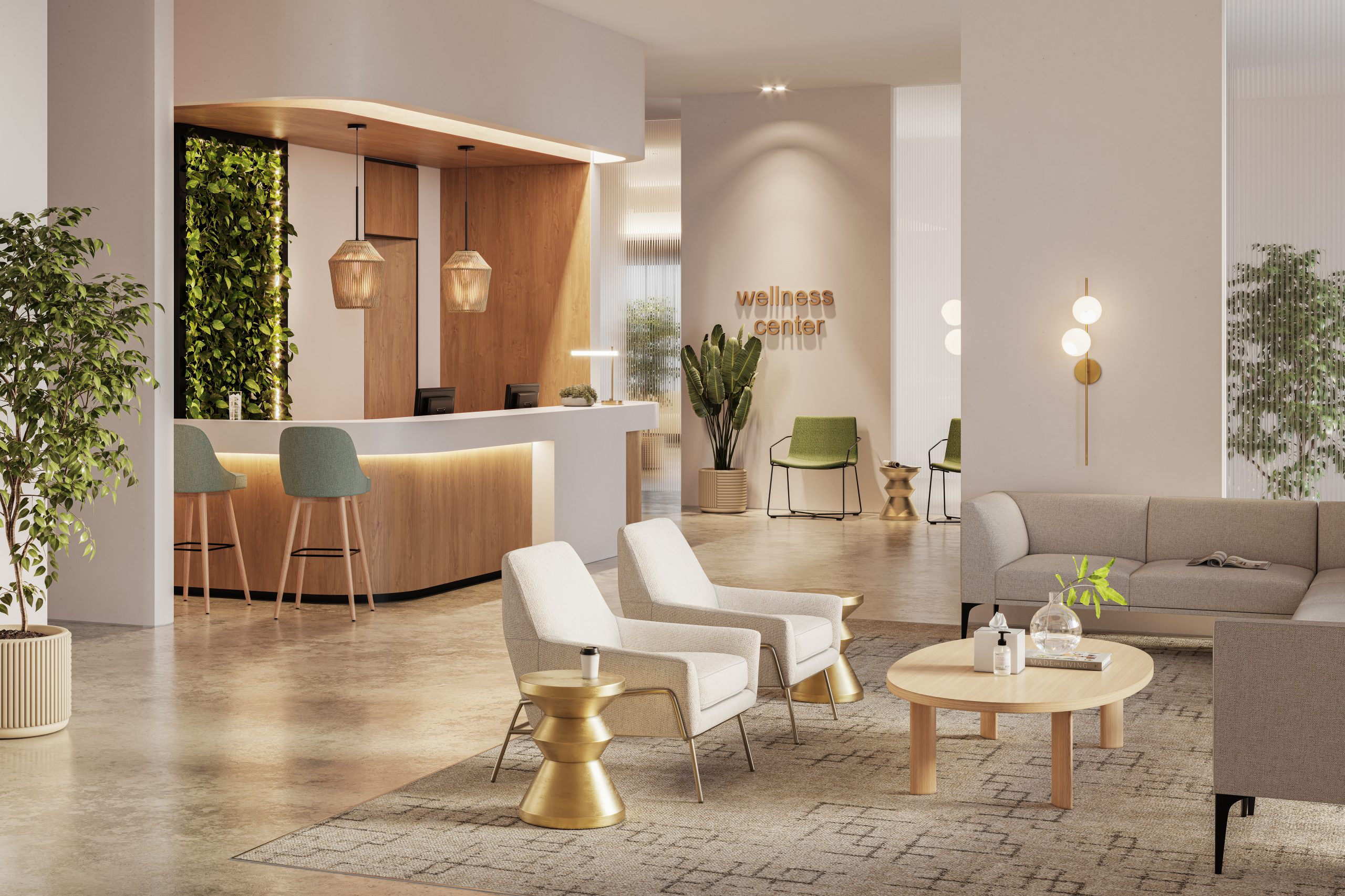 Modern wellness center reception area with white chairs, light wood tables, green chairs, vertical plant wall, and soft lighting.
