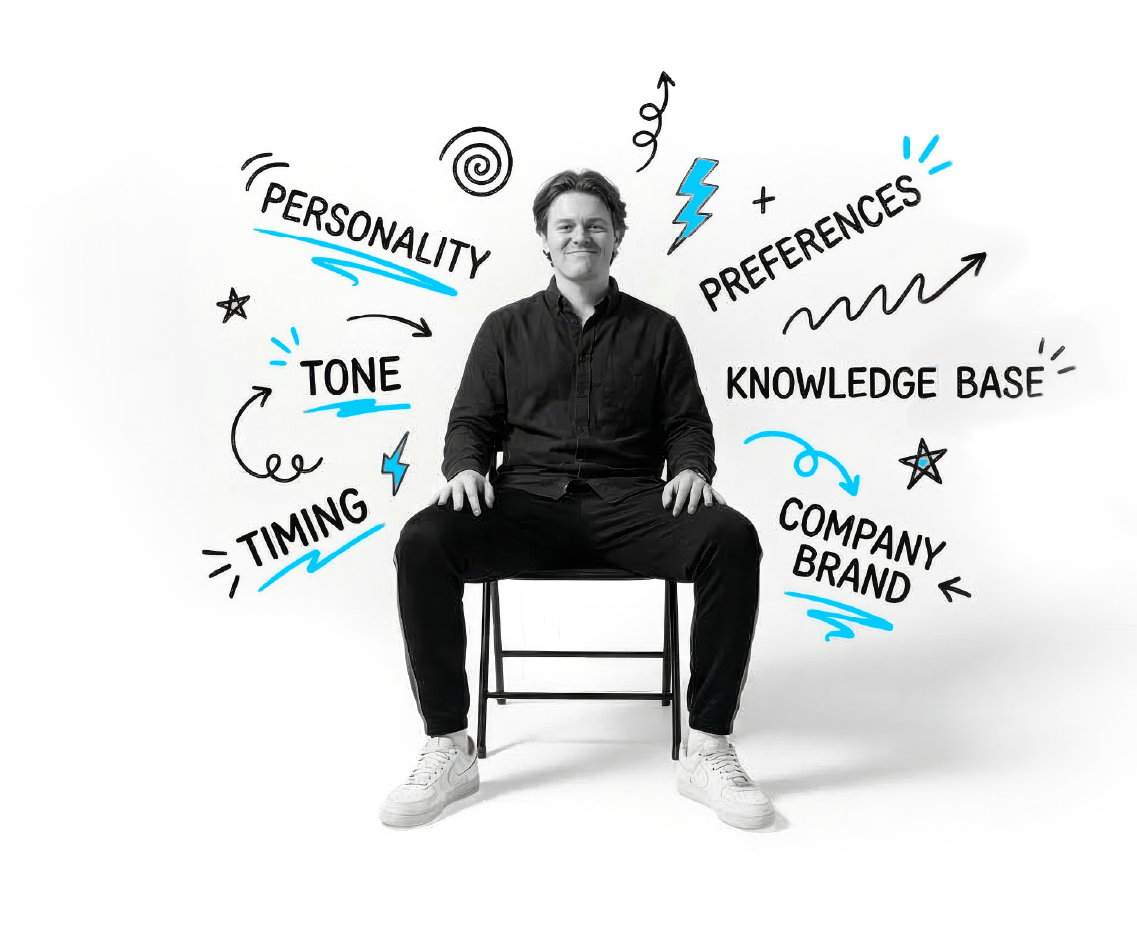 Man in black sits on chair surrounded by words personality, tone, timing, preferences, knowledge base, company brand.