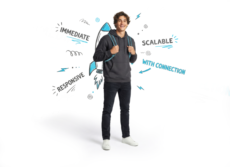 Smiling young man with backpack stands before sketch of rocket and words immediate, scalable, responsive, with connection.