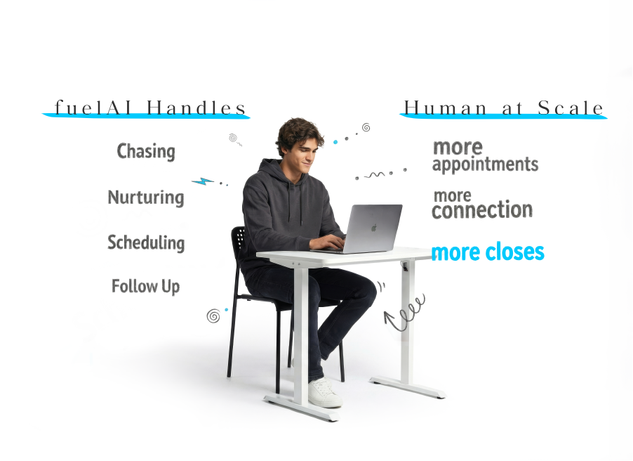 Man sitting at desk using laptop with text comparing fuelAI and human scale benefits.
