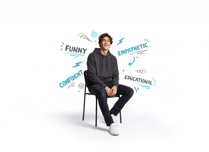 Young man in dark hoodie and jeans sitting on a chair smiling, with words funny, empathetic, confident, educational.