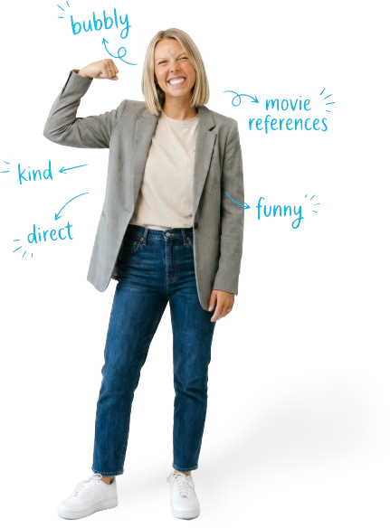 Smiling woman flexes arm wearing gray blazer and jeans with personality trait words around her.