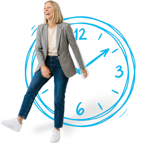 Smiling woman in blazer and jeans dancing with a large blue clock illustration behind her.
