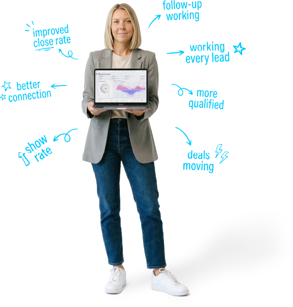 Woman holding laptop showing sales engagement platform with graphs and notes on improved metrics.