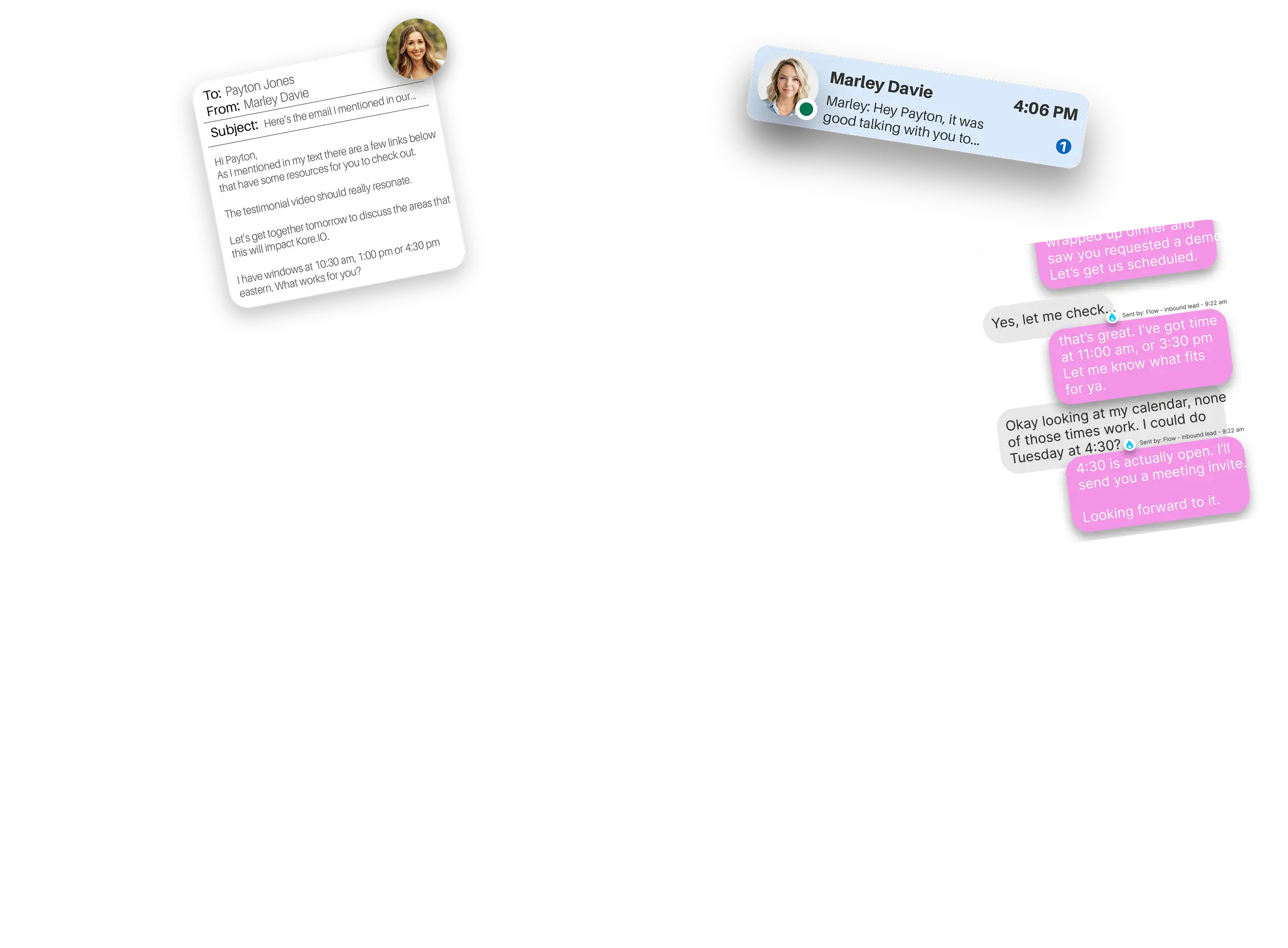 Screenshot collage of email and text chats scheduling meetings between Marley Davie and Payton Jones.