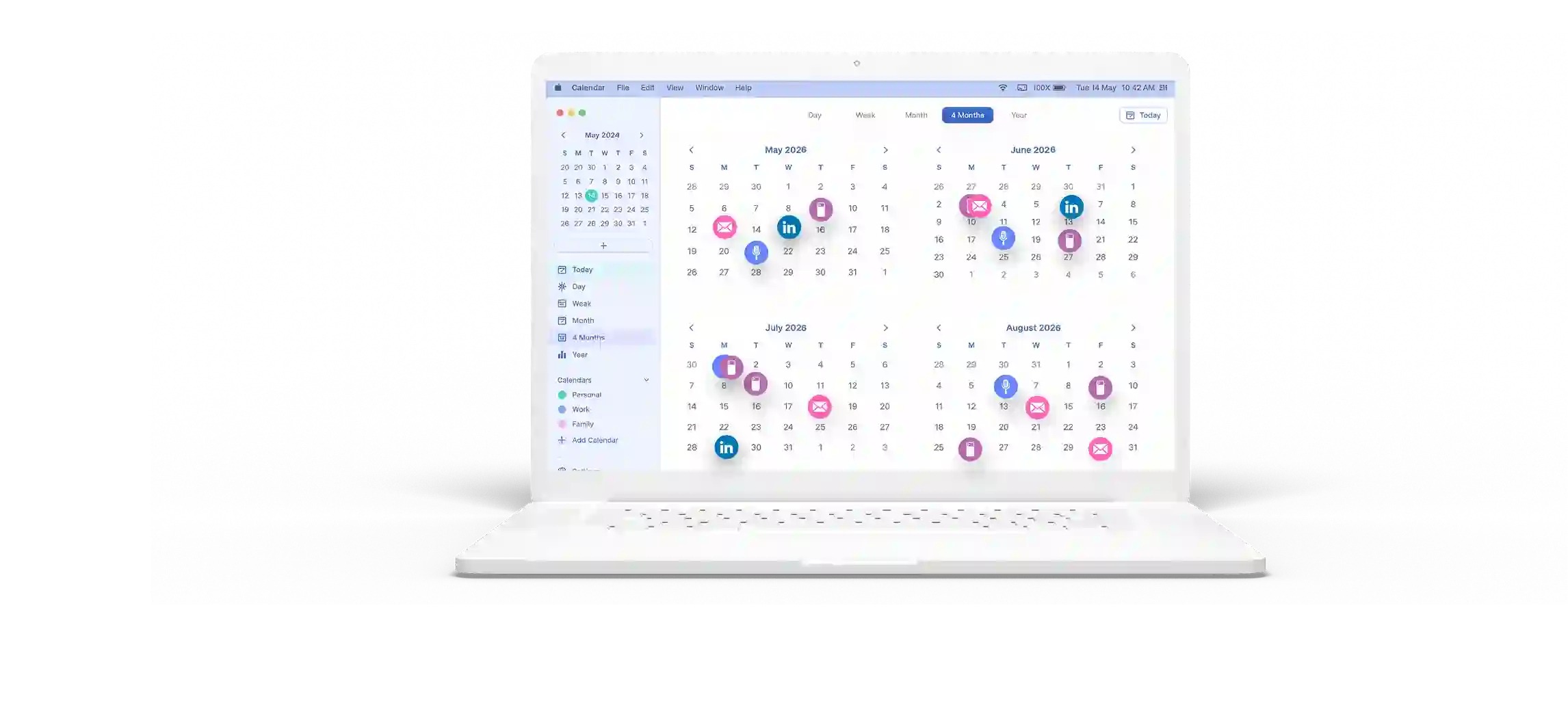 White laptop displaying a calendar app with colorful icons for events in May to August 2026.