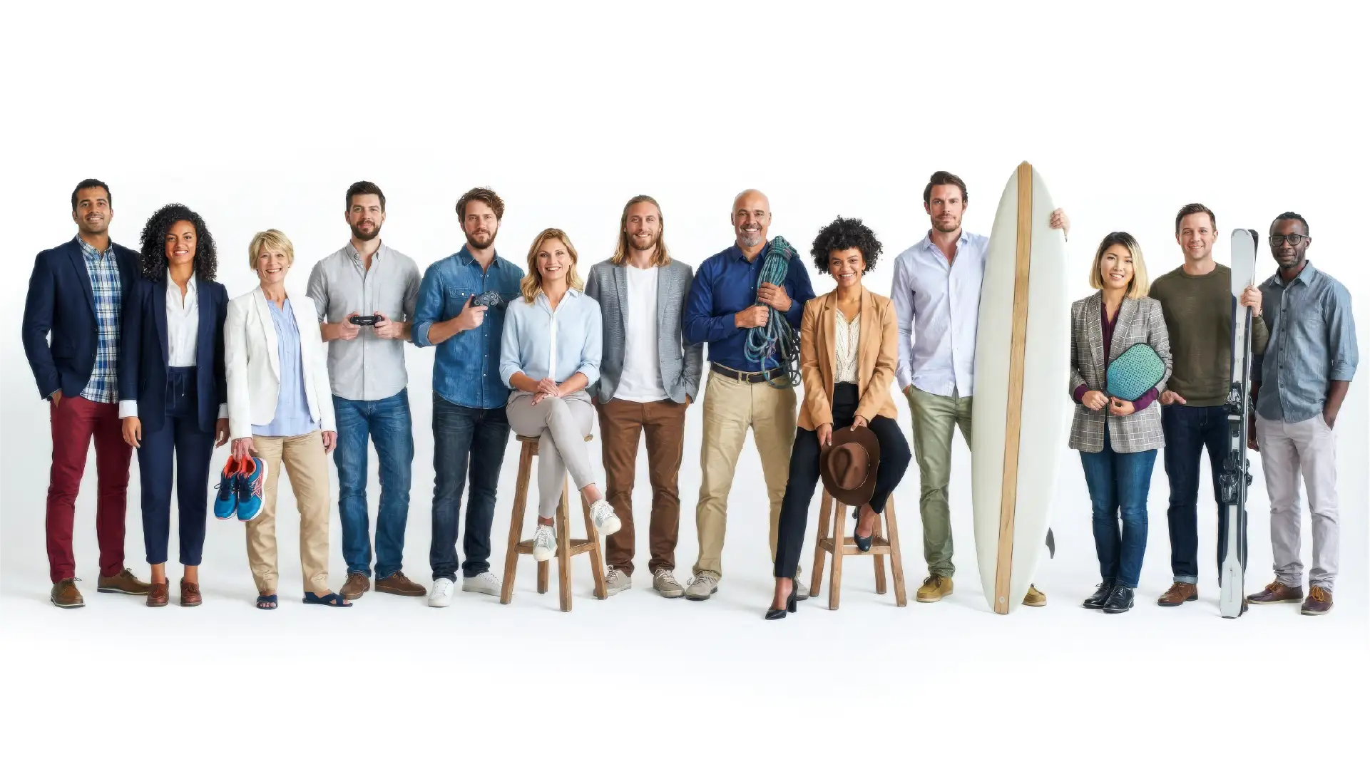 Diverse group of 12 adults standing and sitting, some holding sports gear like surfboard, skis, and shoes.
