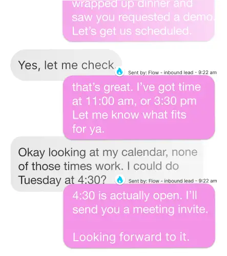 Text message exchange scheduling a meeting, discussing times 11:00 am, 3:30 pm, and 4:30 pm availability.