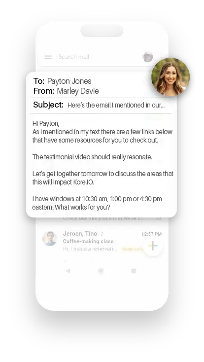 Email on phone screen showing scheduling request and message from Marley to Payton with a profile photo.
