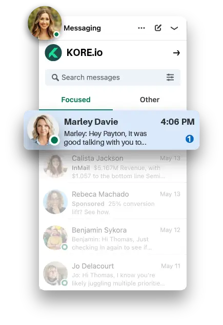 Messaging app interface showing a message from Marley Davie to Payton at 4:06 PM with a notification badge.